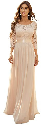 Ever-Pretty Vestito Donna Elegante Cerimonia 3/4 Manich Stile Impero Maxi Linea ad A Pizzo Chiffon Abiti da Damigella Arrossire 38