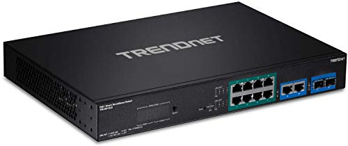 TRENDnet, TPE-3012LS, Switch di sorveglianza intelligente Gigabit PoE+ a 12 porte, 8 porte Gigabit PoE+, 2 porte Gigabit, 2 slot SFP, budget PoE da 110 W