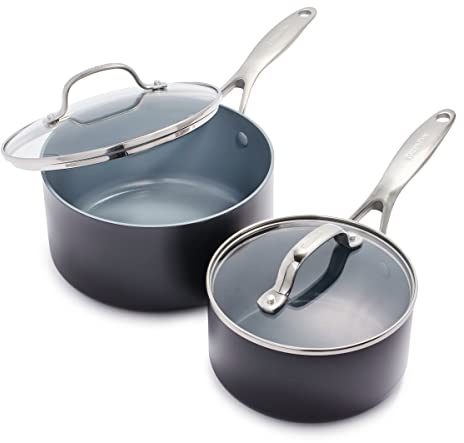 GreenPan Valencia Pro Hard Anodised Healthy Ceramic Non-Stick 16 cm and 20 cm Saucepan Set, 2 Piece Set, PFAS-Free, Induction, Oven Safe, Grey