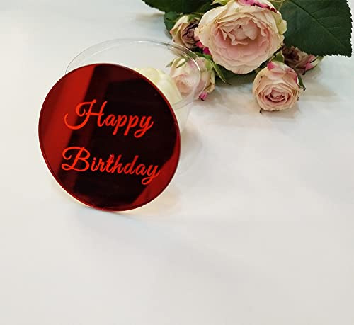 12 piezas de adornos para magdalenas con forma de disco de feliz cumpleaños, acrílico para tartas, decoración grabada, mini adornos acrílicos (espejo rojo)