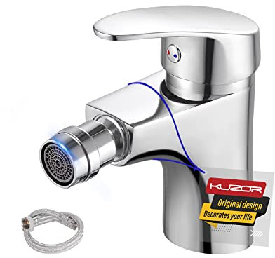 KUZOR Bidetarmatur Chrom Messing Einhebel-Bidetarmatur Drehbare Auslauf Bidetmischer mit 50cm Kaltes Warmes Wasser 3/8 Zoll Schläuche Infache Installation Mischbatterie Wasserhahn für Bidet Faucet