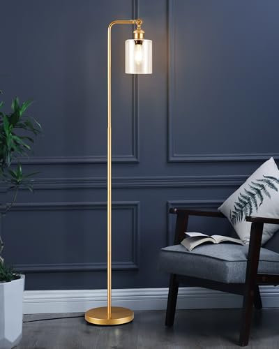 EDISHINE Stehlampe Wohnzimmer, Schwenkbarer Glas-Lampenschirm, Gold Standleuchte Industrial, Bodenlampe mit Fußschalter, Stehleuchte für Arbeitszimmer, Ecke, E27 Sockel, inkl. 6W LED Leuchtmittel