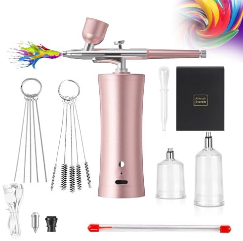 Melearch Kit aérographe portable sans fil avec chargement USB, ensemble de pistolet aérographe pour décoration de gâteaux, peinture de modèles, ongles, soins de la peau - Rose