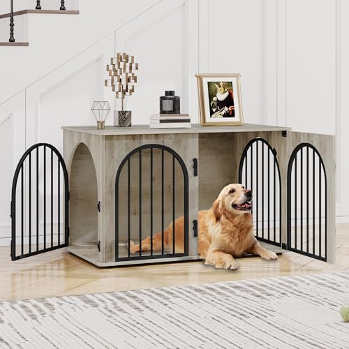 Hzuaneri Hundekäfig Möbel, 100cm Hundebox für Zuhause, 3 Türen, Bogentür, Moderne Hundebox Indoor für Hunde, Beistelltisch, Hundekäfig Hochbelastbar, 100 x 60 x 63 cm, Hell Elfenbein DFC84105B