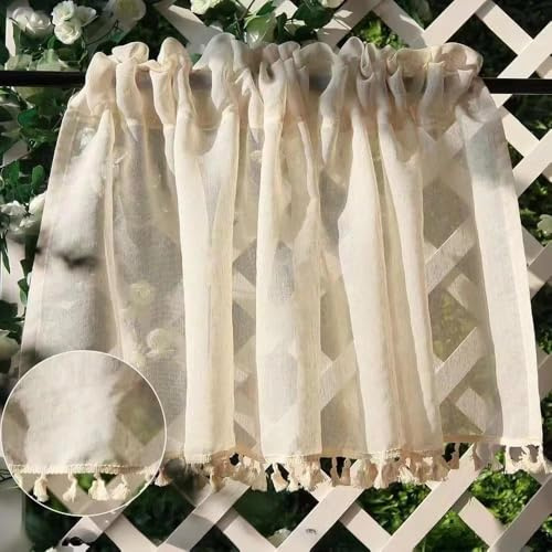 RunFar shop Lot de 2 rideaux brise-bise (150 × 40 cm) - Beige bohème - Vintage - Semi-transparent - Semi-transparent - Pour cuisine, salon, maison de campagne