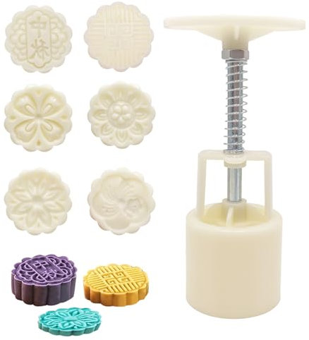 iwiio Stampo per torta lunare, stampo per torta di luna di metà autunno, stampo bianco per biscotti, festival tradizionali cinesi, stampo per torta lunare con 6 timbri