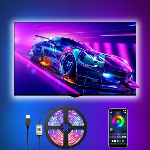 Romwish Retroiluminación LED USB Bluetooth para TV, RGB 5050 se sincroniza con música y se conecta mediante control de aplicación y se puede utilizar para dispositivos grandes de 40 a 50 pulgadas.