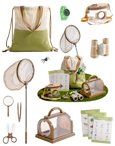 ROBOTIME Explorer Kit & Bug Catcher Kit, 12-in-1 Outdoor Adventure Set, Bug Collection with Kids Binoculars, Butterfly Net, Insect Box, Magnifying Glass & Compass Watch, Gift for Toddlers 3-12 (Green)