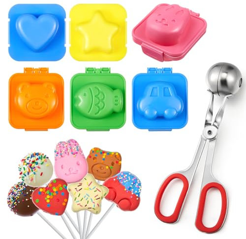 Honeydak 7 Pcs Cake Pop Mold Kit, DIY Cake Pop Maker Set with Scoop, 6 Shapes Cakes Pops Mold for Chocolate Candy Lollipop Baking DIY Party