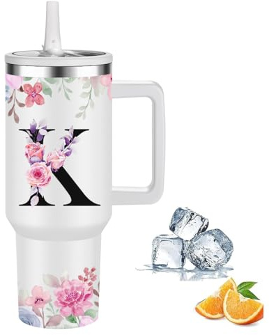 FOLAI Travel Mug,Drink Flasks for Hot & Cold,Stainless Steel Double Wall Vacuum Insulated Coffee Water Bottle, 40oz Tumbler with Straw and Lid Handle,Letter Printed Personalised Gifts(K)