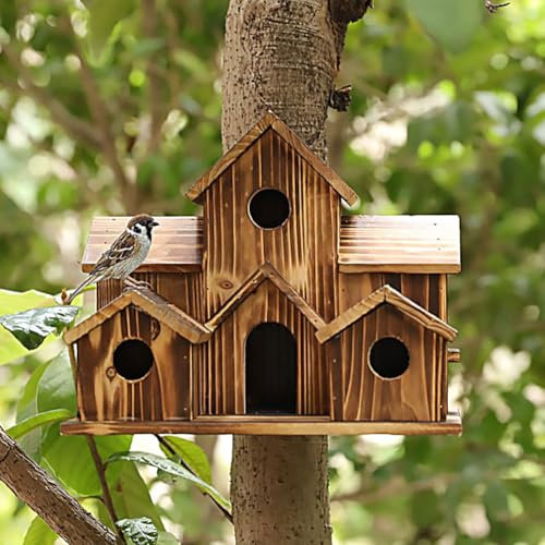 5-Hole Wooden Birdhouse Handmade Natural Outdoor Bird Houses for Garden, Backyard Patio, Large Hanging Bird Shelter with Rustic Decor