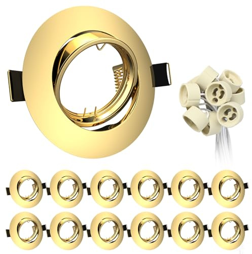 Wondlumi 12x GU10 Downlights for Ceiling Round Gold Metal Mounting Frame for Recessed Ceiling Lights 360° Tilt Swivel GU10 Spotlight Fittings, Outer Diameter: 90mm, Cutout: 68-85mm, No Bulbs