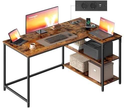 VASAGLE Bureau Gaming en L, Bureau avec Rangement, Étagères Réversibles à Hauteur Réglable, pour Domicile, avec Prises de Courant et 2 Ports USB, 120 x 80 cm, Marron Rustique LWD132KD01