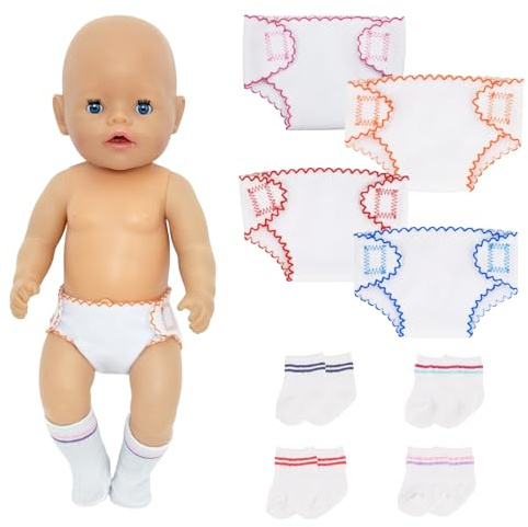4 Puppenwindeln 4 Paar Puppensocken für 14-17 Zoll Baby Puppen, Süßes Puppenzubehör für Babypuppen 30-43cm, Puppe Windeln Set für 43cm Puppen Pretend Play Wiederverwendbare Puppen Zubehör, Geschenke