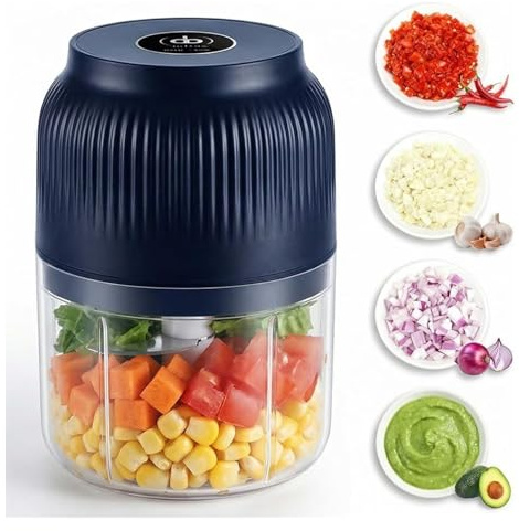 Elektrisk mini vitlökshackare, trådlös matberedare, bärbar för, lök, ingefära, chili, grönsaker, kött, nötter, kryddor, frukt (blå, 1 st)