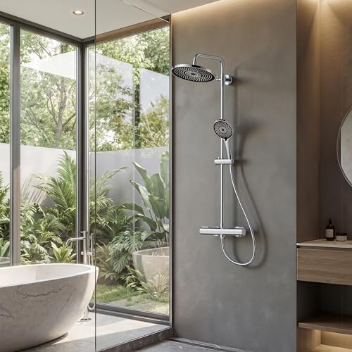 FORIOUS Thermostatic Shower Mixer Set-25cm Overhead Rainfall Black & Chrome | Stainless Steel Bar, Adjustable 90-125cm,3-Jet Hand Shower, Swivel Bracket, Anti-Leak Hose, Anti-Scald