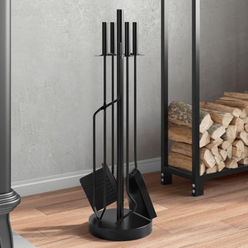 Runheo Juego de 5 utensilios de acero con soporte, 18 x 66 cm, herramientas para chimenea de salón, estufa de leña, estufa de suecia para limpieza de cenizas y brasas