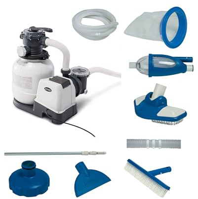 Intex 2100 Gallon Per Hour Above Ground Pool Sand Filter Pool Pump with Deluxe Pool Maintenance Kit and Automatic 24 Hour Timer
