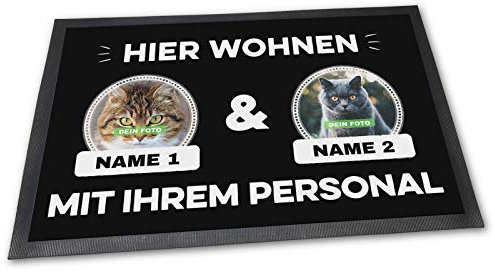 PfotenSchild Fußmatte mit Zwei Katzen - Hier Wohnen - Personalisiert mit WUNSCHFOTOS und Wunschnamen Katzenbesitzer - 60 x 40 cm
