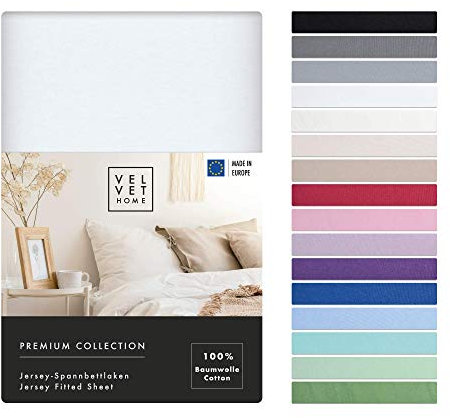 VelvetHome Spannbettlaken 180x200cm 100% gekämmte Baumwolle Made in EU Jersey Bettlaken 180x200 bis 25 cm Matratzenhöhe Spannbetttuch 180x200 Premium Qualität Schönen Farben Weiß 180 x 200