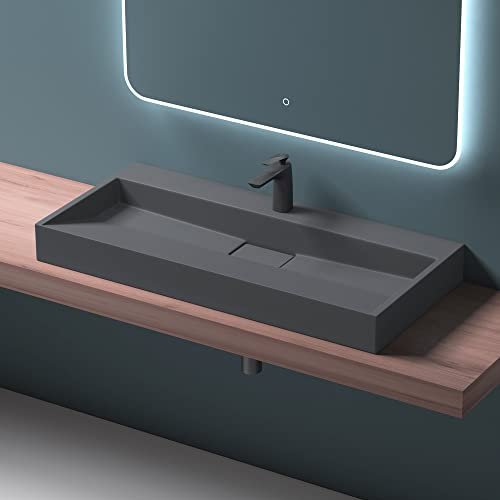 Mai & Mai Waschbecken Matt Anthrazit Aufsatzwaschbecken Hängewaschbecken Hängewaschtisch inkl. Ablaufgarnitur Mineralguss Rechteckig Waschplatz 1 Armaturenloch Breite: 100cm