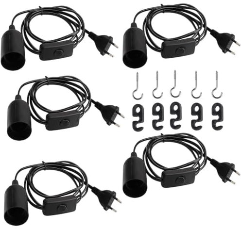 5 Pezzi Portalampada E27 con interruttore a filo cavo, E27 Portalampada, prese per paralume con spine,portalampada a sospensione con presa elettrica,portalampada e27 con interruttore(nero)