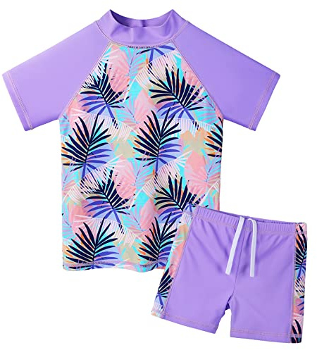 ZNYUNE Girls 2PCS Swimsuit Short Sleeve Kids BeachSwimming Set Costume for 3-12Years S399 PurpleLeaves 14A