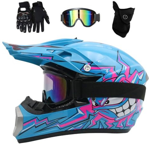 Jugend Kind Motocross-Helm Satz, mit Brille Handschuhe Maske, Dualer Sport Vollgesichtig MTB Offroad ATV Motorrad Helm, Bergab Quad Bike Enduro-Rennen Dirtbike Absturz Helm (Color : E, Size : XL/58-