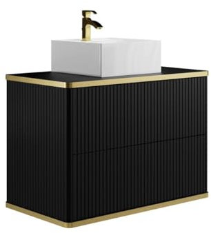 Vente-unique-Mobile per bagno sospeso con scanalature con profilo Dorato e lavabo da appoggio Nero 80 cm - KELIZA