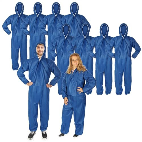 com-four® 10x combinaison de protection trois couches avec capuche et fermeture éclair - combinaison de peintre trois couches taille unique - taille du corps de 160 à 200 cm (10 pièces - bleu)