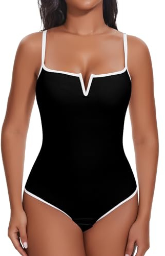 SHAPERIN Body Sculptant Femme Gainant Ventre Plat Shapewear Bodysuit String Débardeur Col Carré Body Shaper, Noir+Blanc, XL