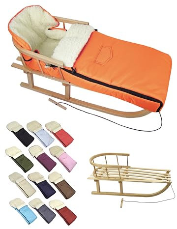 Kombi-erbjudande träsläde med ryggstöd och dragrep universell vinteråkpåse (108 cm), även lämplig för babystol, barnvagn, buggy, av ull, uni (orange)