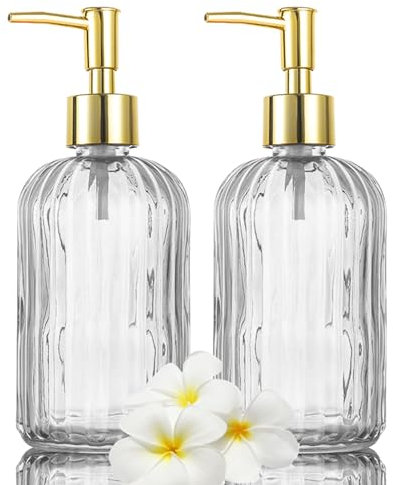 2 Pack Versatile Glass Soap Dispenser Bottle with Pump, 17 Oz Dripless Pump Bottle, Refillable Liquid Hand Jar Dispenser for Bathroom, Countertop, Kitchen, Laundry Room - Clear&Grey