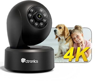 Ctronics 4K Caméra Surveillance WiFi Intérieure, Suivi Auto, Détection AI Humain/Animal, WiFi 2.4/5GHz, Cloud & 256Go TF, FTP/NVR/NAS, Vision Nocturne, 24/7, Smartphone & PC PTZ, 355° Pan/120° Tilt