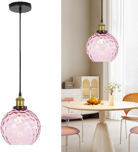 HJXDtech Vintage Industrie Pendelleuchte mit 20cm Wasserwellen Glaskugel Lampenschirm, Antike Bronze E27 Fassung, Glas Hängelampe für Schlafzimmer, Küche, Esszimmer (Rosa)