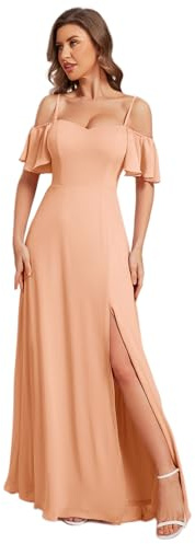 Ever-Pretty Women's Maxi Ruffles One Shoulder Short Sleeve Empire Waist A Line Chiffon Bridesmaid Dresses with Side Slit Peach Pink 12UK