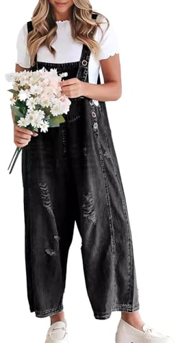 Sukany Women's Vintage Casual Denim Jean Overalls Loose Distressed Bib Dungarees Adjustable Baggy Harem Romper Jumpsuit Pants Black L