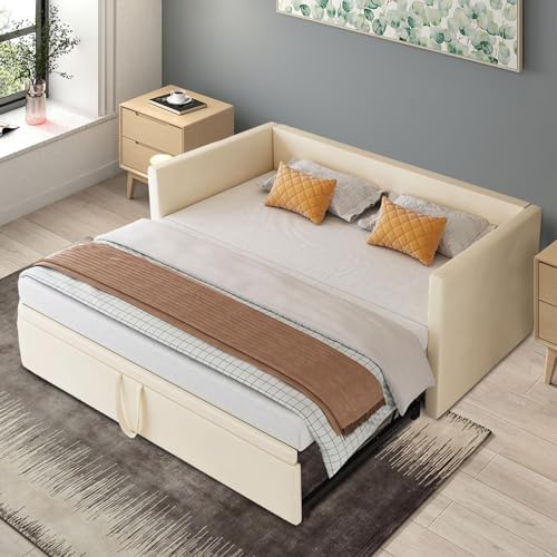 MOTUZP Canapé lit 90/180 x 200,lit 3 Places canapé, Canapé lit Convertible, Extensible, Pliant, Cadre de lit avec sommier à Lattes pour Chambre Salon, Matelas Non Inclus (Beige)