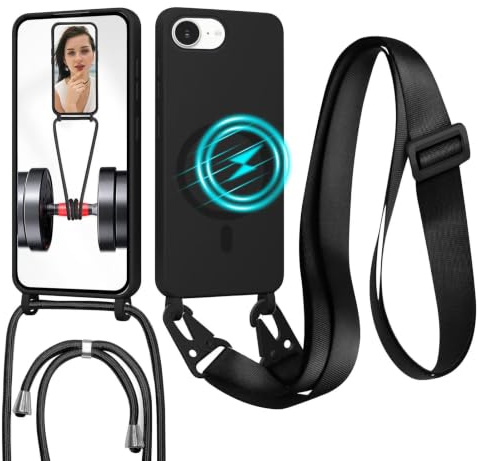 GoodcAcy Crossbody-fodral med snodd för iPhone 16E/iPhone 17E, [Kompatibelt med MagSafe] Magnetfodral med justerbar och avtagbar halsrem, anti-fingeravtrycksskydd, svart