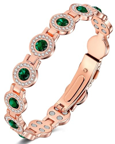 Jeracol Copper Bracelets for Women, Magnetic Bracelet with 4pcs Magnets each link&circular-cut crystals, 99% pure copper, Jewelry Gift (Emerald)