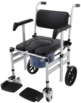 Chaise percée pliable, chaise de douche à roulettes réglable en hauteur avec siège rembourré et seau, jusqu'à 150 kg (en forme de U)