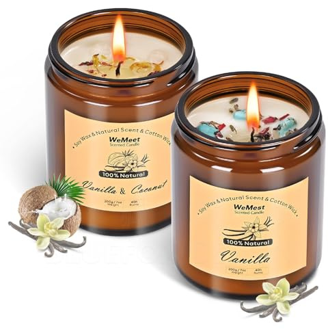 WEMEET 7oz Candles for Home Scented, 2Pack Natural Soy Candles with Crystals, Non Toxic, Vanilla & Coconut Vanilla Candle, Ideal for Creating a Relaxing Ambiance