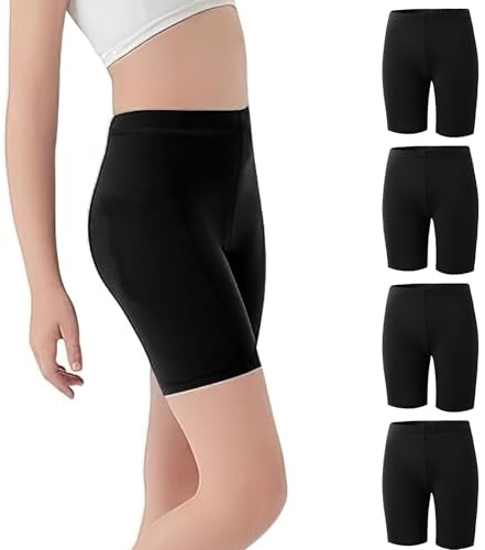 InfiniZer 4 Pack Girls Cycling Shorts Breathable Dance Cycle Gymnastic PE Shorts Under Dress Leggings for Teen Kids Girls Age 5-12 (Age 11-12 Years, Black)