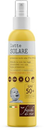 Fiocchi di Riso - Latte SOLARE 50+ - 140ml - PROTEZIONE SOLARE - SPF 50+ - Ideale per difendere la cute dai raggi ultravioletti con una tripla protezione, Con ceramidi e cassia alata.