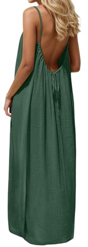 Générique Robe Caraco Dos Nu pour Femme d'été 2026 sans Manches, Longue Robe d'été décontractée, Robe d'été Fluide à Dos Ouvert pour Les Vacances, la Plage, la Maison, Couleur Unie