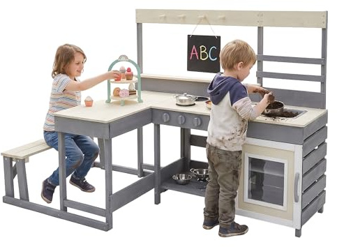 Joyz Lekkök barn utomhus i Massivt Granträ, Lekkök med Bord, Sittbänk, Tavla och Kökstillbehör, Utomhus Träkök, Väderbeständigt Barnkök Set, Matschkök och Leksakskök för Barn från 3 år och Kreativ Lek