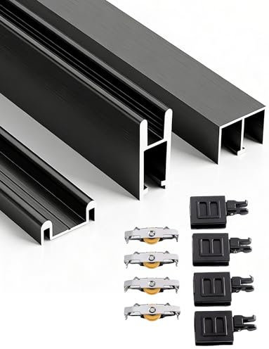 Skjutdörrskit i aluminium med tysta hjul – dubbla skenor för displayskåp och garderober, ingen borrinstallation, anpassad längd (svart, 300 cm/118,1 tum, 0,8 cm)