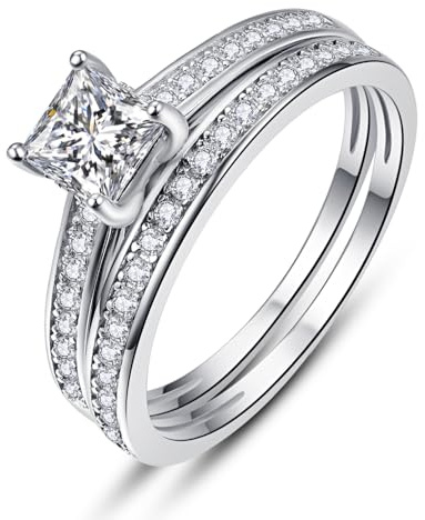 AVECON 1.35ct Princess Cut Engagement Ring 925 Sterling Silver Wedding Band Set for Women Cubic Zirconia Bridal Sets Size 7
