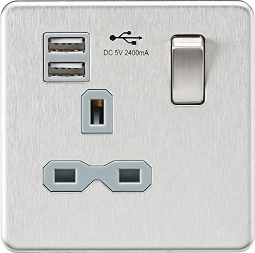 Screwless Single Switched Socket with Dual USB Charger in Brushed Chrome with Grey Insert
