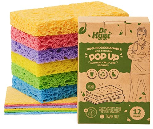 Dr.Hygi® Pop up-svampar – 12-pack ekosvampset – naturlig cellulosasvamp – superabsorberande svamp för disk, kök, badrumsrengöring – plastfri biologiskt nedbrytbar svamp – återvinningsbar förpackning